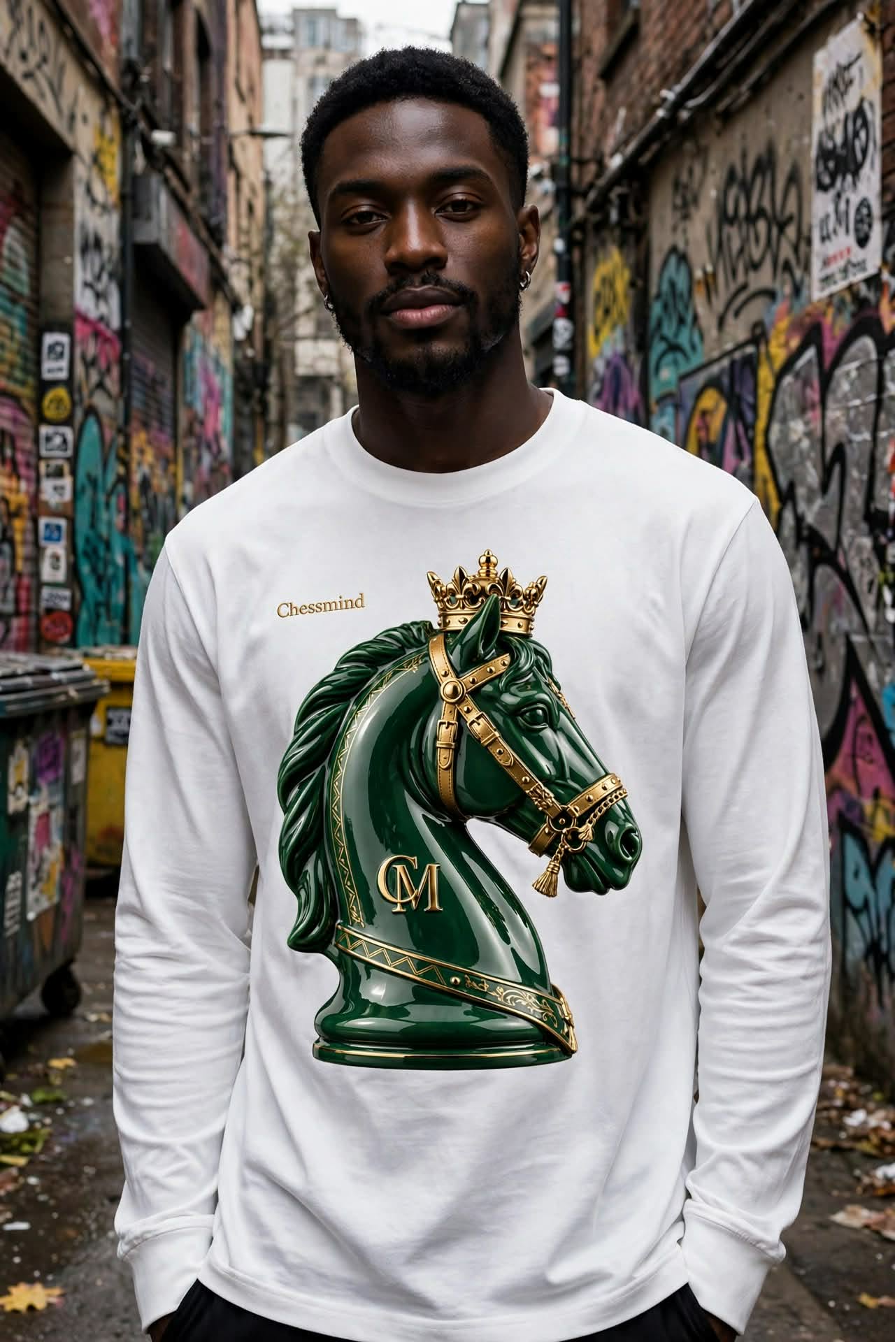 Model in white long sleeve with emerald knight graphic